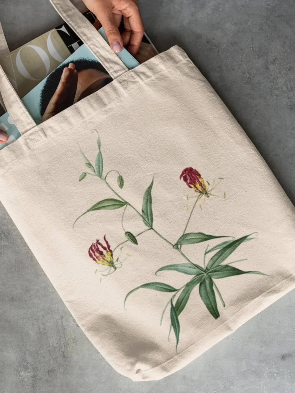 Flame Lily Vintage Floral Print Graphic Canvas Tote Bag